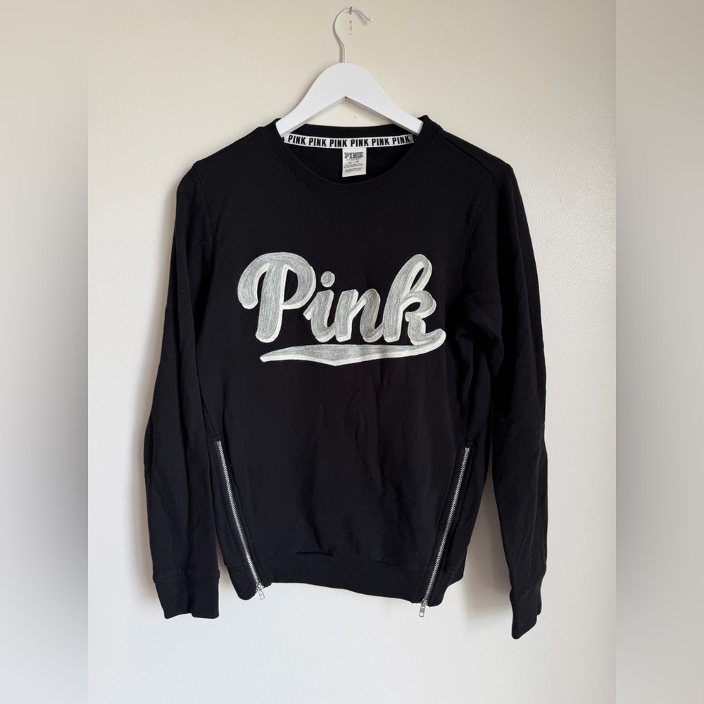 Black PINK Victoria’s Secret Crewneck Sweatshirt w/ Logo and Zip Detail Size XS
